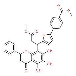 ChemSpider 2D Image | Methyl 4-{5-[3-methoxy-3-oxo-1-(5,6,7-trihydroxy-4-oxo-2-phenyl-4H-chromen-8-yl)propyl]-2-furyl}benzoate | C31H24O10