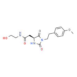 ChemSpider 2D Image | N-(2-Hydroxyethyl)-2-{(4S)-1-[2-(4-methoxyphenyl)ethyl]-2,5-dioxo-4-imidazolidinyl}acetamide | C16H21N3O5