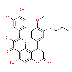 ChemSpider 2D Image | 2-(3,4-Dihydroxyphenyl)-3,5-dihydroxy-10-(3-isobutoxy-4-methoxyphenyl)-9,10-dihydro-4H,8H-pyrano[2,3-f]chromene-4,8-dione | C29H26O10