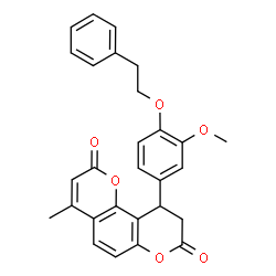 ChemSpider 2D Image | 10-[3-Methoxy-4-(2-phenylethoxy)phenyl]-4-methyl-9,10-dihydro-2H,8H-pyrano[2,3-f]chromene-2,8-dione | C28H24O6