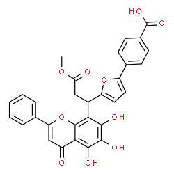 ChemSpider 2D Image | 4-{5-[3-Methoxy-3-oxo-1-(5,6,7-trihydroxy-4-oxo-2-phenyl-4H-chromen-8-yl)propyl]-2-furyl}benzoic acid | C30H22O10
