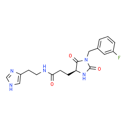 ChemSpider 2D Image | 3-[(4S)-1-(3-Fluorobenzyl)-2,5-dioxo-4-imidazolidinyl]-N-[2-(1H-imidazol-4-yl)ethyl]propanamide | C18H20FN5O3