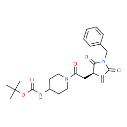 ChemSpider 2D Image | 2-Methyl-2-propanyl (1-{[(4S)-1-benzyl-2,5-dioxo-4-imidazolidinyl]acetyl}-4-piperidinyl)carbamate | C22H30N4O5