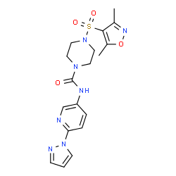 ChemSpider 2D Image | 4-[(3,5-Dimethyl-1,2-oxazol-4-yl)sulfonyl]-N-[6-(1H-pyrazol-1-yl)-3-pyridinyl]-1-piperazinecarboxamide | C18H21N7O4S
