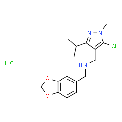 ChemSpider 2D Image | 1-(1,3-Benzodioxol-5-yl)-N-[(5-chloro-3-isopropyl-1-methyl-1H-pyrazol-4-yl)methyl]methanamine hydrochloride (1:1) | C16H21Cl2N3O2