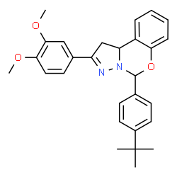ChemSpider 2D Image | 5-(4-tert-butylphenyl)-2-(3,4-dimethoxyphenyl)-1,10b-dihydropyrazolo[1,5-c][1,3]benzoxazine | C28H30N2O3