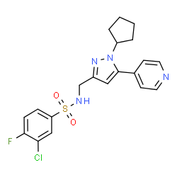ChemSpider 2D Image | 3-Chloro-N-{[1-cyclopentyl-5-(4-pyridinyl)-1H-pyrazol-3-yl]methyl}-4-fluorobenzenesulfonamide | C20H20ClFN4O2S
