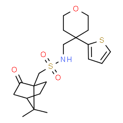 ChemSpider 2D Image | 1-(7,7-Dimethyl-2-oxobicyclo[2.2.1]hept-1-yl)-N-{[4-(2-thienyl)tetrahydro-2H-pyran-4-yl]methyl}methanesulfonamide | C20H29NO4S2