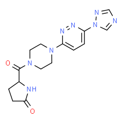 ChemSpider 2D Image | 5-({4-[6-(1H-1,2,4-Triazol-1-yl)-3-pyridazinyl]-1-piperazinyl}carbonyl)-2-pyrrolidinone | C15H18N8O2