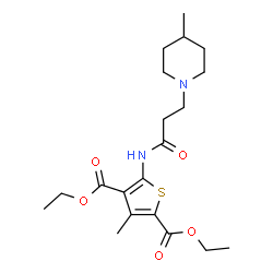 ChemSpider 2D Image | Diethyl 3-methyl-5-{[3-(4-methyl-1-piperidinyl)propanoyl]amino}-2,4-thiophenedicarboxylate | C20H30N2O5S