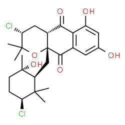 ChemSpider 2D Image | (3R,4aS,10aR)-3-Chloro-10a-{[(1S,3S,6S)-3-chloro-6-hydroxy-2,2,6-trimethylcyclohexyl]methyl}-6,8-dihydroxy-2,2-dimethyl-3,4,4a,10a-tetrahydro-2H-benzo[g]chromene-5,10-dione | C25H32Cl2O6