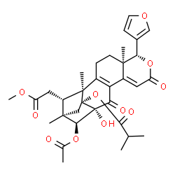 ChemSpider 2D Image | (1S,5R,6R,13R,14S,15R,17R,18S)-14-Acetoxy-6-(3-furyl)-13-hydroxy-18-(2-methoxy-2-oxoethyl)-1,5,15-trimethyl-8,12-dioxo-7-oxapentacyclo[13.2.1.0~2,11~.0~5,10~.0~13,17~]octadeca-2(11),9-dien-17-yl 2-met
hylpropanoate | C33H38O11