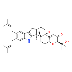 ChemSpider 2D Image | (2R,4bS,6aS,12bS,12cR,14aS)-4b-Hydroxy-2-(2-hydroxy-2-propanyl)-12b,12c-dimethyl-9,10-bis(3-methyl-2-buten-1-yl)-5,6,6a,7,12,12b,12c,13,14,14a-decahydro-2H-chromeno[5',6':6,7]indeno[1,2-b]indol-3(4bH)
-one | C37H49NO4