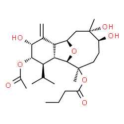 ChemSpider 2D Image | (1R,2R,4R,5S,6R,7R,8R,9R,12S,13S)-5-Acetoxy-4,12,13-trihydroxy-6-isopropyl-9,13-dimethyl-3-methylene-15-oxatricyclo[6.6.1.0~2,7~]pentadec-9-yl butyrate | C26H42O8