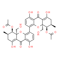 ChemSpider 2D Image | (5R,5'R,6R,6'R,10aR,10a'R)-1,1',8,8'-Tetrahydroxy-10a,10a'-bis(hydroxymethyl)-6,6'-dimethyl-9,9'-dioxo-5,5',7,7',9,9',10a,10a'-octahydro-6H,6'H-4,4'-bixanthene-5,5'-diyl diacetate | C34H34O14