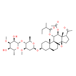 ChemSpider 2D Image | (3beta,5alpha,11alpha,12beta,14beta,17alpha)-12-Acetoxy-3-{[2,6-dideoxy-4-O-(6-deoxy-3-O-methyl-beta-D-allopyranosyl)-3-O-methyl-beta-D-arabino-hexopyranosyl]oxy}-20-oxo-8,14-epoxypregnan-11-yl 2-meth
ylbutanoate | C42H66O14