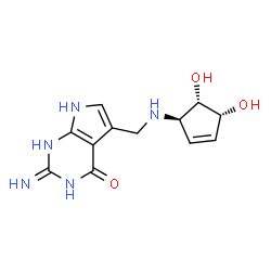 ChemSpider 2D Image | 2-Amino-5-({[(1R,4R,5S)-4,5-dihydroxy-2-cyclopenten-1-yl]amino}methyl)-1,7-dihydro-4H-pyrrolo[2,3-d]pyrimidin-4-one | C12H15N5O3