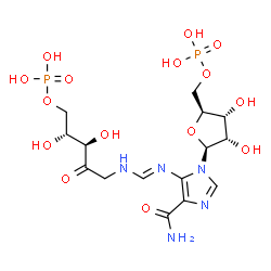ChemSpider 2D Image | [(2S,3R,4S,5S)-5-[4-carbamoyl-5-[(E)-[[(3R,4R)-3,4-dihydroxy-2-oxo-5-phosphonooxy-pentyl]amino]methyleneamino]imidazol-1-yl]-3,4-dihydroxy-tetrahydrofuran-2-yl]methyl dihydrogen phosphate | C15H25N5O15P2