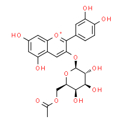ChemSpider 2D Image | 2-(3,4-Dihydroxyphenyl)-5,7-dihydroxy-3-chromeniumyl 6-O-acetyl-beta-D-galactopyranoside | C23H23O12