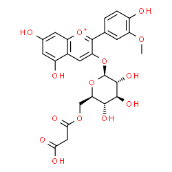 ChemSpider 2D Image | 5,7-Dihydroxy-2-(4-hydroxy-3-methoxyphenyl)-3-chromeniumyl 6-O-(carboxyacetyl)-beta-D-glucopyranoside | C25H25O14