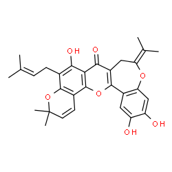 ChemSpider 2D Image | 6,12,13-Trihydroxy-9-isopropylidene-3,3-dimethyl-5-(3-methyl-2-buten-1-yl)-8,9-dihydro-3H,7H-pyrano[2',3':7,8]chromeno[3,2-d][1]benzoxepin-7-one | C30H30O7