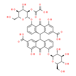 ChemSpider 2D Image | (9R,9'R)-5-{[2-O-(Carboxycarbonyl)-beta-D-glucopyranosyl]oxy}-5'-(beta-D-glucopyranosyloxy)-4,4'-dihydroxy-10,10'-dioxo-9,9',10,10'-tetrahydro-9,9'-bianthracene-2,2'-dicarboxylic acid | C44H38O23