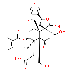 ChemSpider 2D Image | [(2R,2'R,3R,4'R,4a'S,5S,5'R,6'R,8a'R)-5-(3-Furyl)-2,4'-dihydroxy-2',4a',5',8a'-tetrakis(hydroxymethyl)-6'-{[(2E)-2-methyl-2-butenoyl]oxy}decahydro-2'H-spiro[furan-3,1'-naphthalen]-5'-yl]acetic acid | C28H40O12