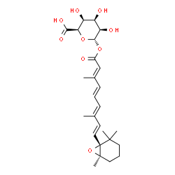 ChemSpider 2D Image | 1-O-{(2E,4E,6E,8E)-3,7-Dimethyl-9-[(1R,6R)-2,2,6-trimethyl-7-oxabicyclo[4.1.0]hept-1-yl]-2,4,6,8-nonatetraenoyl}-alpha-L-talopyranuronic acid | C26H36O9