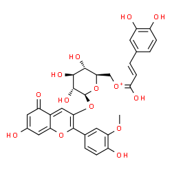 ChemSpider 2D Image | (E)-[(2E)-3-(3,4-Dihydroxyphenyl)-1-hydroxy-2-propen-1-ylidene]{[(2R,3S,4S,5R,6S)-3,4,5-trihydroxy-6-{[7-hydroxy-2-(4-hydroxy-3-methoxyphenyl)-5-oxo-5H-chromen-3-yl]oxy}tetrahydro-2H-pyran-2-yl]methyl
}oxonium | C31H29O14