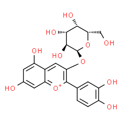 ChemSpider 2D Image | 2-(3,4-Dihydroxyphenyl)-5,7-dihydroxy-3-chromeniumyl alpha-L-galactopyranoside | C21H21O11