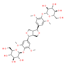 ChemSpider 2D Image | 4-{(1R,3aR,4S,6aS)-4-[4-(beta-L-Glucopyranosyloxy)-3,5-dimethoxyphenyl]tetrahydro-1H,3H-furo[3,4-c]furan-1-yl}-2,6-dimethoxyphenyl beta-D-glucopyranoside | C34H46O18