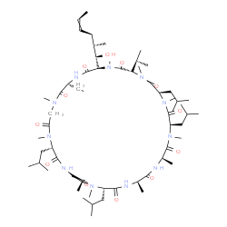 ChemSpider 2D Image | (3S,6R,9R,12R,15R,18S,21S,24S,30S,33R)-30-Ethyl-33-(1-hydroxy-2-methyl-4-hexen-1-yl)-6,9,18,24-tetraisobutyl-3,21-diisopropyl-1,4,7,10,12,15,19,25,28-nonamethyl-1,4,7,10,13,16,19,22,25,28,31-undecaaza
cyclotritriacontane-2,5,8,11,14,17,20,23,26,29,32-undecone | C62H111N11O12