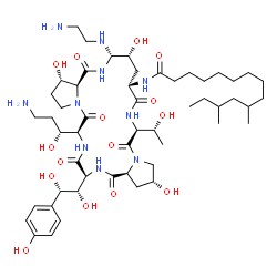 ChemSpider 2D Image | N-{(2R,6S,11R,12S,14aS,15S,20S,23S,25aS)-12-[(2-Aminoethyl)amino]-20-[(1R)-3-amino-1-hydroxypropyl]-23-[(1S,2S)-1,2-dihydroxy-2-(4-hydroxyphenyl)ethyl]-2,11,15-trihydroxy-6-[(1R)-1-hydroxyethyl]-5,8,1
4,19,22,25-hexaoxotetracosahydro-1H-dipyrrolo[2,1-c:2',1'-l][1,4,7,10,13,16]hexaazacyclohenicosin-9-yl}-10,12-dimethyltetradecanamide | C52H88N10O15