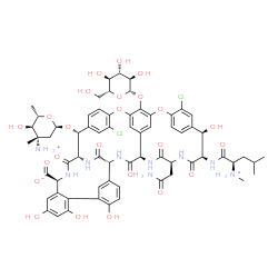 ChemSpider 2D Image | (1S,2R,18R,19R,22S,25R,28R,40S)-22-(2-Amino-2-oxoethyl)-2-[(3-ammonio-2,3,6-trideoxy-3-methyl-alpha-L-arabino-hexopyranosyl)oxy]-5,15-dichloro-48-(beta-D-glucopyranosyloxy)-18,32,35,37-tetrahydroxy-19
-{[(2R)-4-methyl-2-(methylammonio)pentanoyl]amino}-20,23,26,42,44-pentaoxo-7,13-dioxa-21,24,27,41,43-pentaazaoctacyclo[26.14.2.2~3,6~.2~14,17~.1~8,12~.1~29,33~.0~10,25~.0~34,39~]pentaconta-3,5,8(48),9
,11,14,16,29(45),30,32,34,36,38,46,49-pentad | C66H76Cl2N9O24