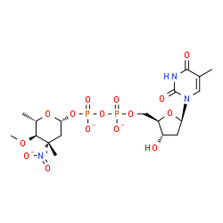 ChemSpider 2D Image | [[(2R,3S,5R)-3-hydroxy-5-(5-methyl-2,4-dioxo-pyrimidin-1-yl)tetrahydrofuran-2-yl]methoxy-oxido-phosphoryl] [(2R,4S,5R,6S)-5-methoxy-4,6-dimethyl-4-nitro-tetrahydropyran-2-yl] phosphate | C18H27N3O15P2