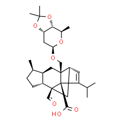 ChemSpider 2D Image | (1R,2S,4R,5R,8R,9S,11S)-2-{[(2,6-Dideoxy-3,4-O-isopropylidene-beta-D-ribo-hexopyranosyl)oxy]methyl}-9-formyl-13-isopropyl-5-methyltetracyclo[7.4.0.0~2,11~.0~4,8~]tridec-12-ene-1-carboxylic acid | C29H42O7