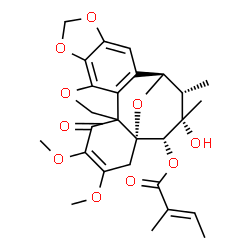 ChemSpider 2D Image | (12R,13S,14S,15S,16R)-14-Hydroxy-18,19-dimethoxy-13,14-dimethyl-20-oxo-3,6,8,22-tetraoxahexacyclo[9.9.1.1~12,16~.0~1,16~.0~4,21~.0~5,9~]docosa-4,9,11(21),18-tetraen-15-yl (2E)-2-methyl-2-butenoate | C27H30O10