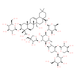 ChemSpider 2D Image | alpha-L-Arabinopyranosyl-(1->3)-[beta-D-galactopyranosyl-(1->4)]-beta-D-xylopyranosyl-(1->4)-6-deoxy-3-O-[(2S,3R,4R)-3,4-dihydroxy-4-(hydroxymethyl)tetrahydro-2-furanyl]-alpha-D-mannopyranosyl-(1->2)-
6-deoxy-1-O-[(2beta,3beta,9xi,18xi)-3-(beta-D-glucopyranosyloxy)-2,23,27-trihydroxy-23,28-dioxoolean-12-en-28-yl]-beta-L-galactopyranose | C69H110O37