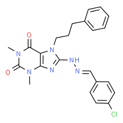 ChemSpider 2D Image | 8-[(2E)-2-(4-Chlorobenzylidene)hydrazino]-1,3-dimethyl-7-(3-phenylpropyl)-3,7-dihydro-1H-purine-2,6-dione | C23H23ClN6O2
