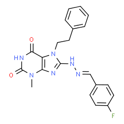 ChemSpider 2D Image | 8-[(2E)-2-(4-Fluorobenzylidene)hydrazino]-3-methyl-7-(2-phenylethyl)-3,7-dihydro-1H-purine-2,6-dione | C21H19FN6O2