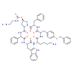 ChemSpider 2D Image | Cyclo[2-phenylglycyltryptophyllysyl-O-benzyltyrosylphenylalanyl-(4R)-4-{[(2-aminoethyl)carbamoyl]oxy}prolyl] | C58H66N10O9