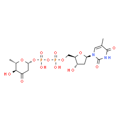 ChemSpider 2D Image | [(2R,3S,5R)-3-Hydroxy-5-(5-methyl-2,4-dioxo-3,4-dihydro-1(2H)-pyrimidinyl)tetrahydro-2-furanyl]methyl (2R,5S,6S)-5-hydroxy-6-methyl-4-oxotetrahydro-2H-pyran-2-yl dihydrogen diphosphate (non-preferred 
name) | C16H24N2O14P2