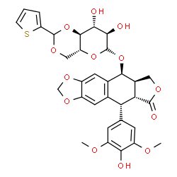 ChemSpider 2D Image | (5S,5aR,8aR,9R)-9-(4-Hydroxy-3,5-dimethoxyphenyl)-8-oxo-5,5a,6,8,8a,9-hexahydrofuro[3',4':6,7]naphtho[2,3-d][1,3]dioxol-5-yl 4,6-O-(2-thienylmethylene)-alpha-D-glucopyranoside | C32H32O13S
