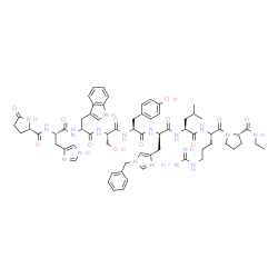 ChemSpider 2D Image | 5-Oxo-L-prolyl-L-histidyltryptophyl-L-seryl-L-tyrosyl-1-benzyl-D-histidyl-L-leucyl-L-arginyl-N-ethyl-L-prolinamide | C66H86N18O12