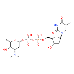 ChemSpider 2D Image | (2R,4S,5S,6S)-4-(Dimethylamino)-5-hydroxy-6-methyltetrahydro-2H-pyran-2-yl [(2R,3S,5R)-3-hydroxy-5-(5-methyl-2,4-dioxo-3,4-dihydro-1(2H)-pyrimidinyl)tetrahydro-2-furanyl]methyl dihydrogen diphosphate 
(non-preferred name) | C18H31N3O13P2