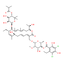ChemSpider 2D Image | (2R,3S,4S,5S,6R)-6-({(3E,5E,8S,9Z,11S,12R,18S)-12-{[(2R,3S,4R,5S)-3,4-Dihydroxy-5-(isobutyryloxy)-6,6-dimethyltetrahydro-2H-pyran-2-yl]oxy}-11-ethyl-8-hydroxy-18-[(1R)-1-hydroxyethyl]-9,13,15-trimethy
l-2-oxooxacyclooctadeca-3,5,9,13,15-pentaen-3-yl}methoxy)-4-hydroxy-5-methoxy-2-methyltetrahydro-2H-pyran-3-yl 3,5-dichloro-2-ethyl-4,6-dihydroxybenzoate | C52H74Cl2O18