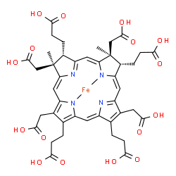 ChemSpider 2D Image | {3,3',3'',3'''-[(7S,8S,12S,13S)-3,8,13,17-Tetrakis(carboxymethyl)-8,13-dimethyl-7,8,12,13-tetrahydroporphyrin-2,7,12,18-tetrayl-kappa~2~N~22~,N~24~]tetrapropanoato(2-)}iron | C42H44FeN4O16