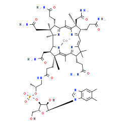 ChemSpider 2D Image | [(2R,3R,4Z,7S,9Z,12S,13S,14Z,17S,18S,19R)-2,13,18-tris(2-amino-2-oxo-ethyl)-7,12,17-tris(3-amino-3-oxo-propyl)-3-[3-[[(2R)-2-[[(2R,3S,4R,5S)-5-(5,6-dimethylbenzimidazol-1-yl)-4-hydroxy-2-(hydroxymethyl)tetrahydrofuran-3-yl]oxy-oxido-phosphoryl]oxypropyl]amino]-3-oxo-propyl]-3,5,8,8,13,15,18,19-octamethyl-2,7,12,17-tetrahydro-1H-corrin-21-yl]cobalt(1+) | C62H88CoN13O14P