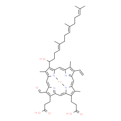 ChemSpider 2D Image | [3,3'-{3-Formyl-8-[(4E,8E)-1-hydroxy-5,9,13-trimethyl-4,8,12-tetradecatrien-1-yl]-7,12,17-trimethyl-13-vinyl-2,18-porphyrindiyl-kappa~2~N~22~,N~24~}dipropanoato(2-)]iron | C49H56FeN4O6