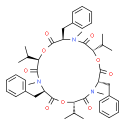 ChemSpider 2D Image | (3R,6R,9R,12S,15S,18S)-3,9,15-Tribenzyl-6,12,18-triisopropyl-4,10,16-trimethyl-1,7,13-trioxa-4,10,16-triazacyclooctadecane-2,5,8,11,14,17-hexone | C45H57N3O9